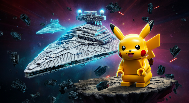 Visually summarizes the article's most exciting highlights (Pokémon debut, massive UCS Star Destroyer rumor) right after the introduction, immediately drawing readers in and setting an energetic tone.