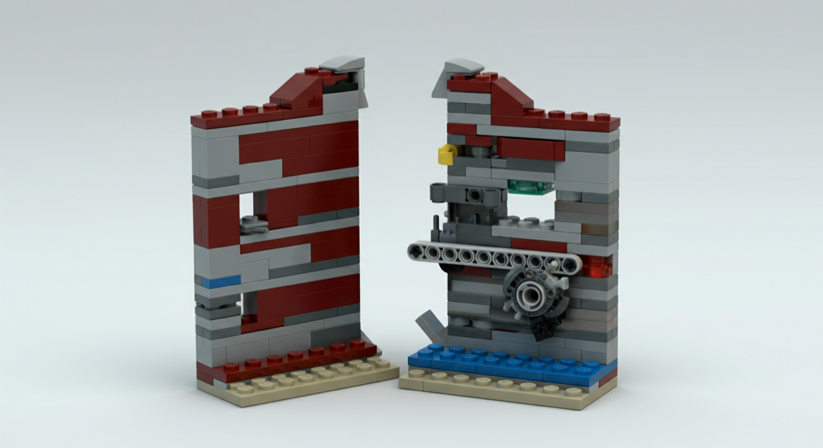 Two small brick walls side by side, one stacked with aligned joints and one with staggered bricks and an internal Technic beam