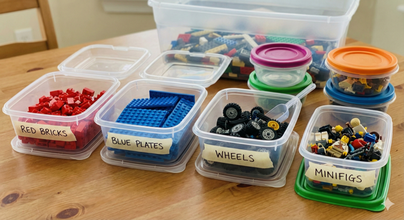 Clear plastic tubs labelled red bricks, blue plates, wheels and minifigs