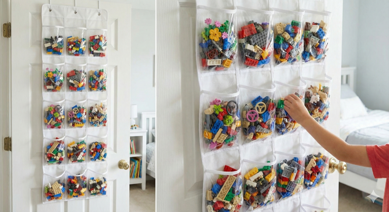 Clear over-the-door organizer holding sorted LEGO pieces in pockets